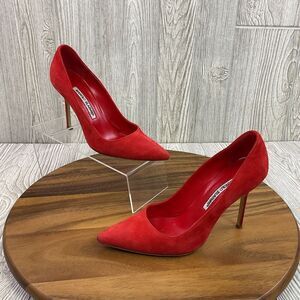 Manolo Blahnik BB 105 Red Suede Shoes Pumps Heels Pointed Toe Womens 7.5 37.5